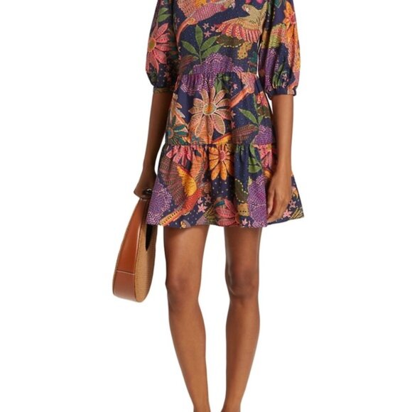 FARM RIO Navy Blue Cool Macaw Tiered Organic Cotton Mini Dress XL - Picture 6 of 6